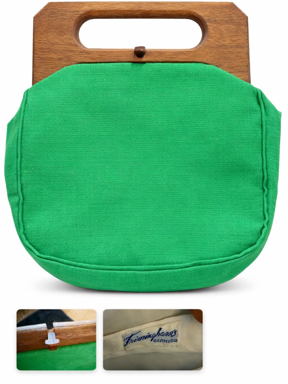 Vintage Framingham’s Bermuda Wood Handle Green Linen Handbag Retro Mid Century